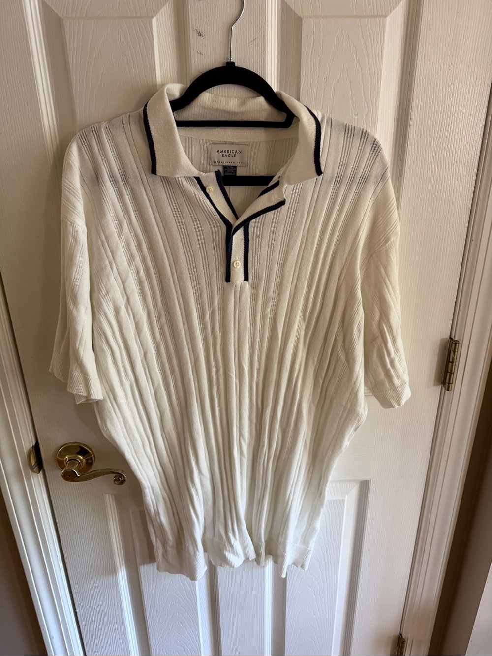 American Eagle Outfitters Cream Ribbed Polo with Navy Trim